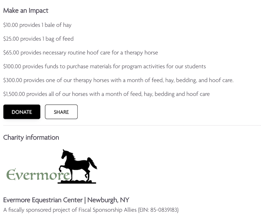 Evermore Equine donation amounts