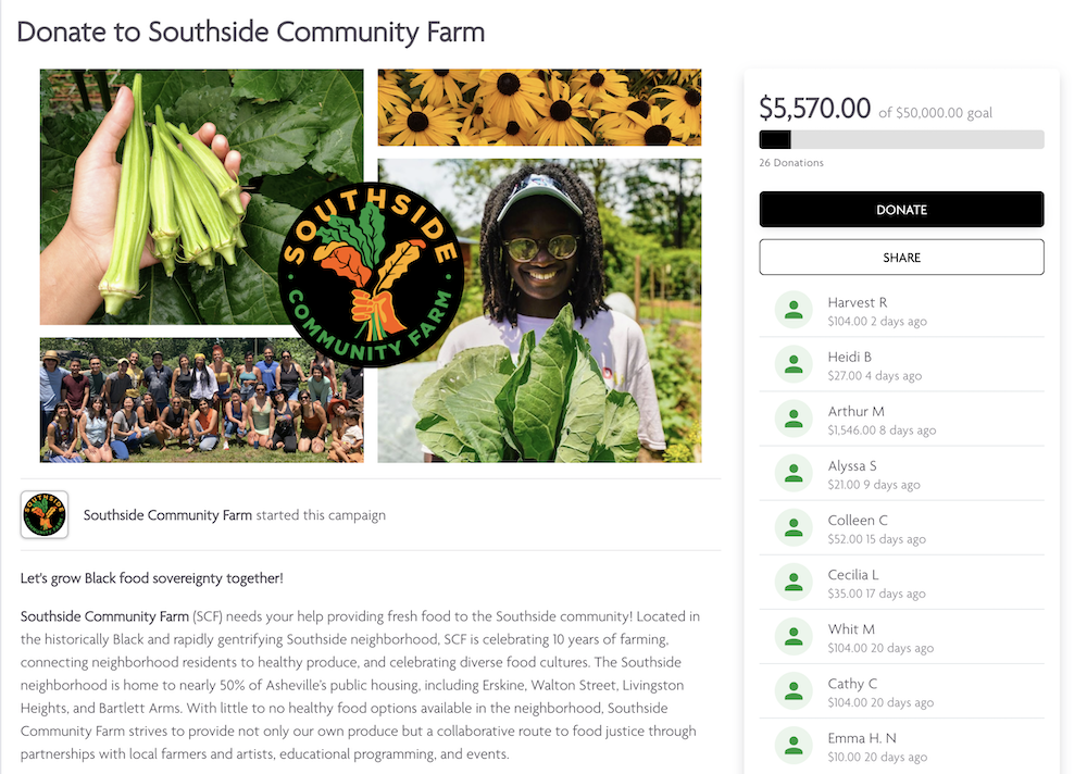 Southside community farm donation page